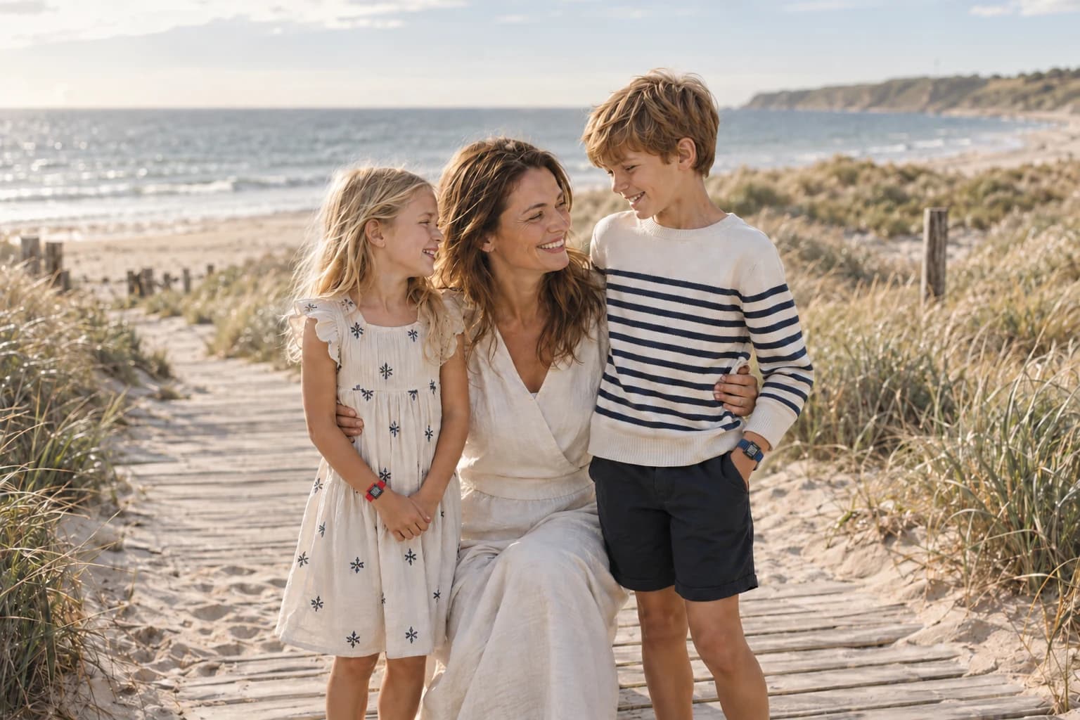 Illustreret familie: en mor og to børn smiler til hinanden ved stranden